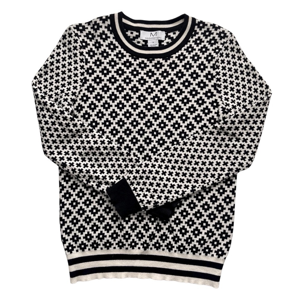 Magaschoni Sweater Geometric Wool Cotton Blend Black and Ivory Size Small